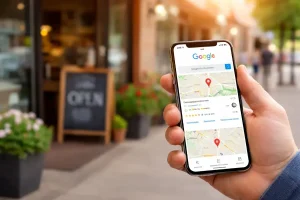 Lokalni preduzetnik drži mobilni telefon sa prikazom Google preduzeća na Google mapi ispred svoje radnje, kao primer lokalne online vidljivosti.
