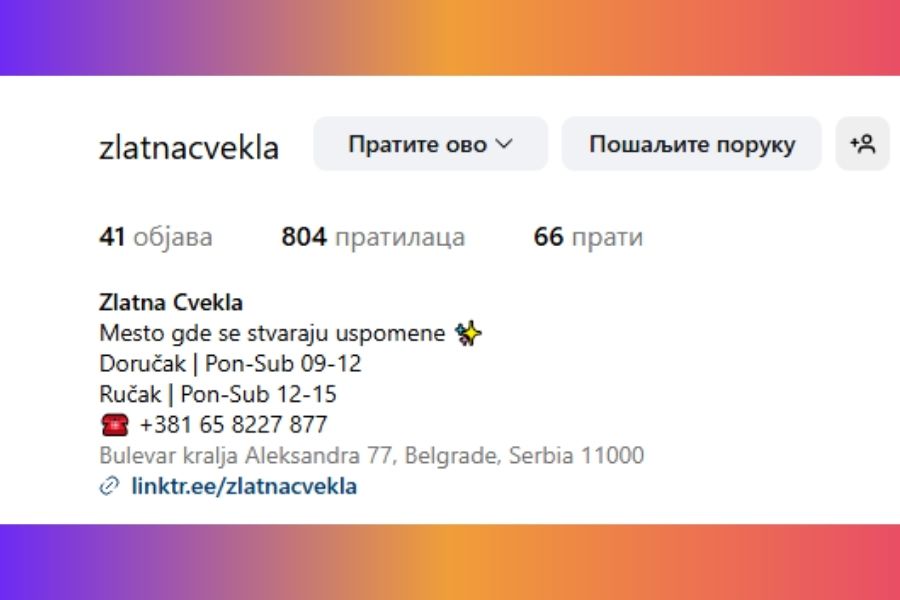 Primer dobro uređenog Instagram bio opisa – Zlatna Cvekla, sa jasno prikazanim radnim vremenom, kontaktom i lokacijom u vodiču za optimizaciju profila 2026.