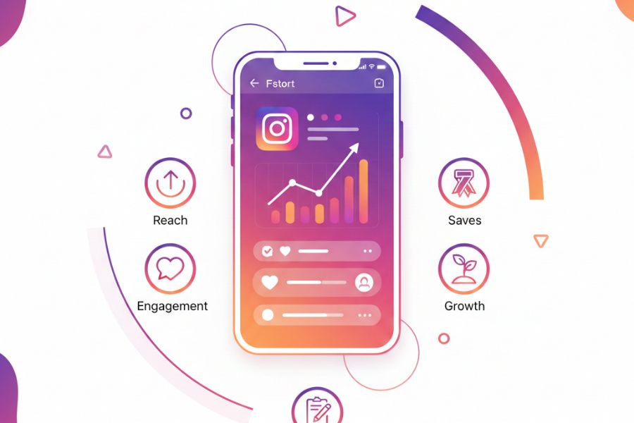Instagram analiza 2026 – prikaz rasta, reach-a, engagementa i sačuvanih objava na telefonu, vizuelno predstavljeno za lokalne preduzetnike.