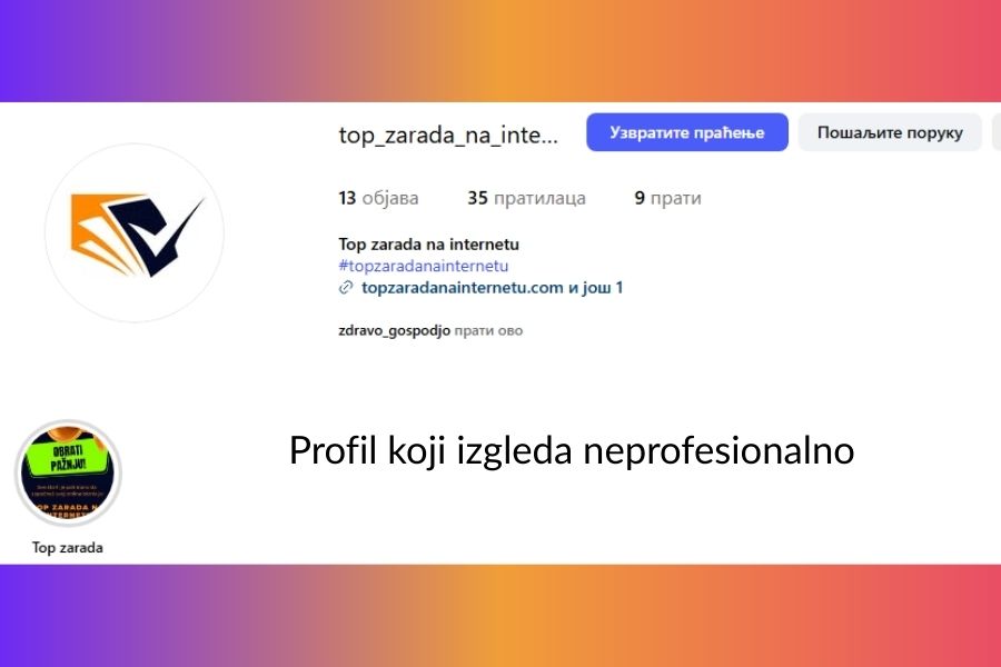 Primer neprofesionalnog Instagram profila – ilustracija greške koju lokalni biznisi treba da izbegnu u vodiču za profesionalno uređivanje profila 2026.