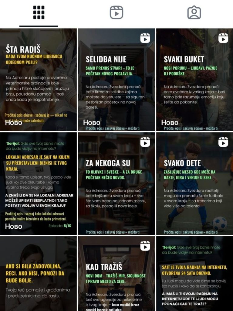 Primer Instagram karusel objava sa edukativnim i informativnim sadržajem – Adresar Zvezdara, prikaz najboljih tipova objava za lokalne biznise u vodiču za Instagram 2026.
