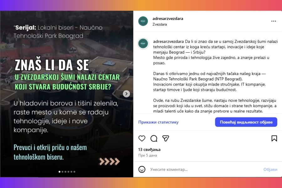 Primer Instagram objave sa detaljnim opisom – Adresar Zvezdara, vizuelni prikaz za objašnjenje važnosti dobrog opisa u algoritmu i Instagram SEO-u 2026.