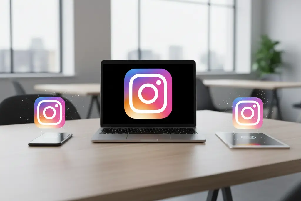 Laptop, telefon i tablet sa Instagram logoom – vizuelni prikaz vodiča za pisanje opisa na Instagramu za preduzetnike u 2026. godini