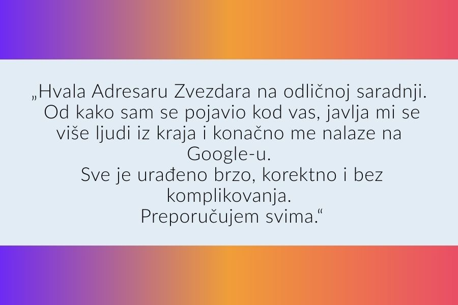 Primer Instagram recenzije kao social proof – zadovoljni klijent Adresara Zvezdara, korišćen u vodiču o važnosti opisa i poverenja na Instagramu 2026