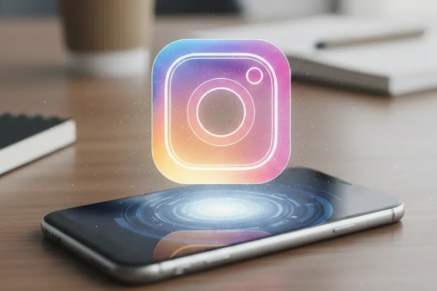 Vizual Instagram logotipa iznad mobilnog telefona – ilustracija za vodič kako napraviti poslovni Instagram profil i podesiti Instagram biznis nalog za 2026. godinu.
