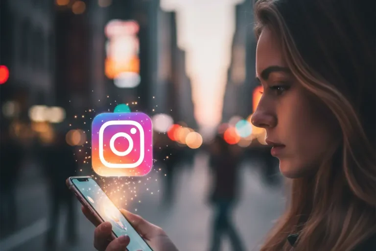 Žena koristi Instagram na telefonu u gradskom ambijentu – simbol vođenja Instagram profila, strategije objavljivanja i rasta biznisa u 2026.