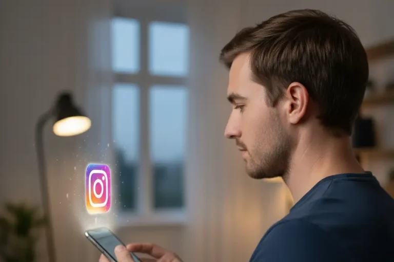 Muškarac koristi telefon dok podešava i optimizuje Instagram profil za bolju vidljivost u 2026. godini.