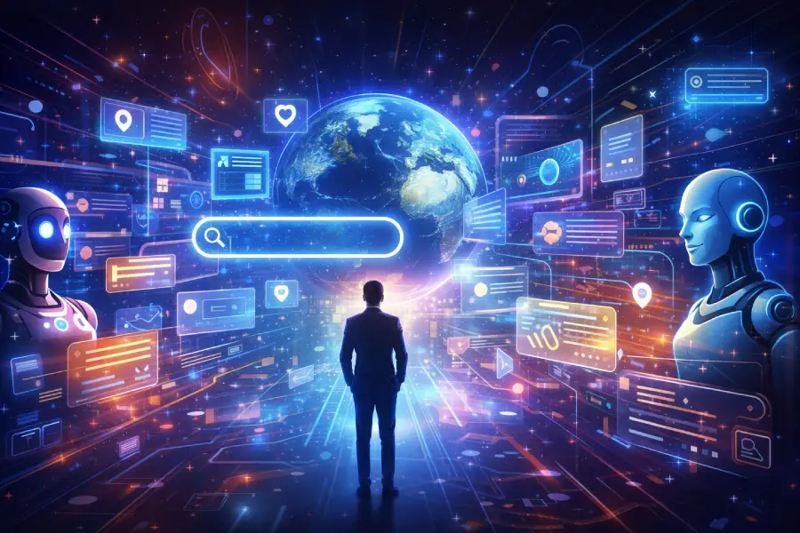 Ilustracija koja prikazuje kako AI pretraživači menjaju način na koji ljudi pretražuju internet i dolaze do informacija