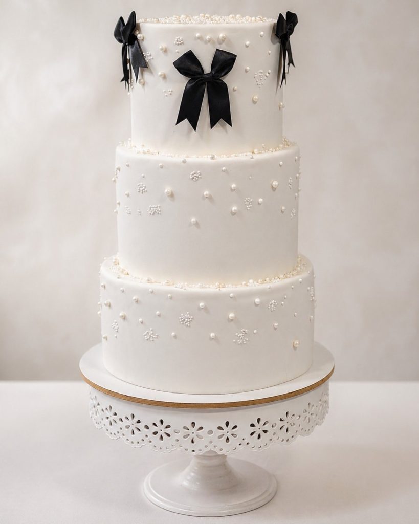 Mistimi sweet shop torte za svečanosti sa belom dekoracijom, perlama i elegantnim crnim mašnama
