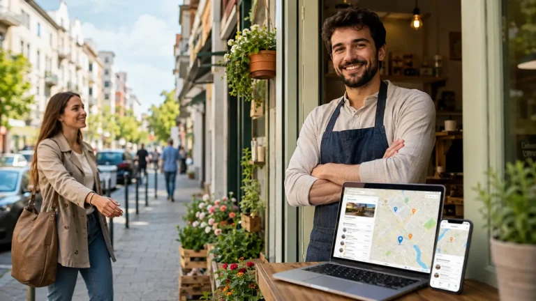 Mala preduzetnica ispred lokala koristi laptop i telefon za sređivanje Google profila, mape i osnovnih podataka lokalnog biznisa
