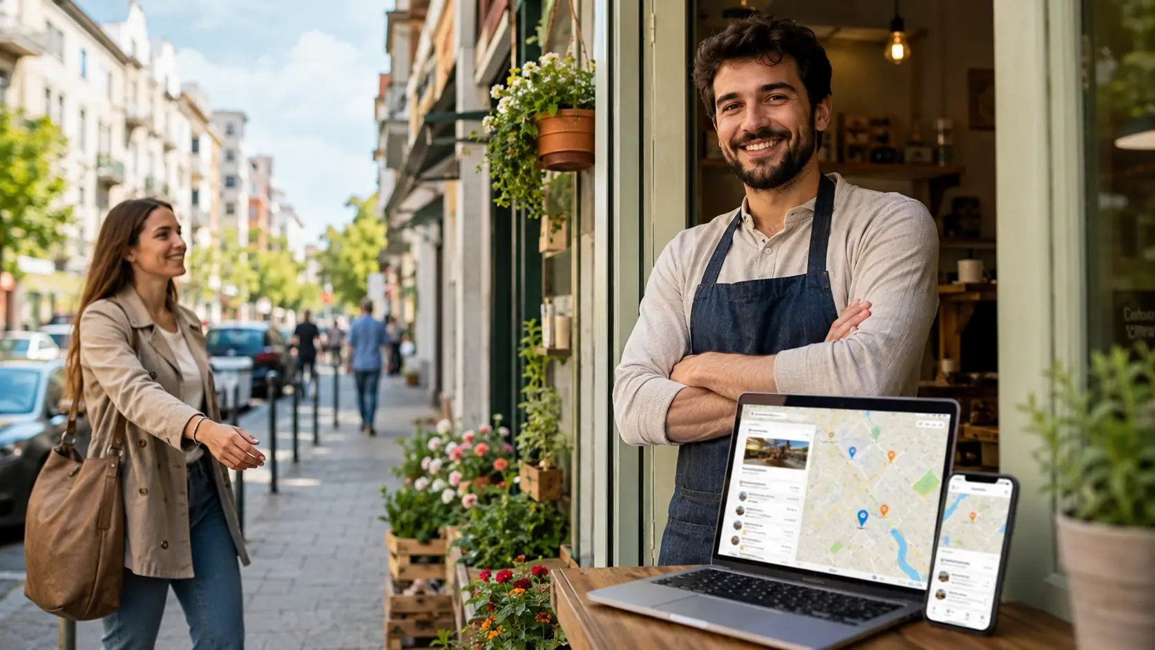 Mala preduzetnica ispred lokala koristi laptop i telefon za sređivanje Google profila, mape i osnovnih podataka lokalnog biznisa