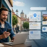Lokalni preduzetnik koristi telefon i laptop dok se oko njega prikazuju digitalni signali pretrage, mapa, recenzija i AI vidljivosti za lokalni biznis.
