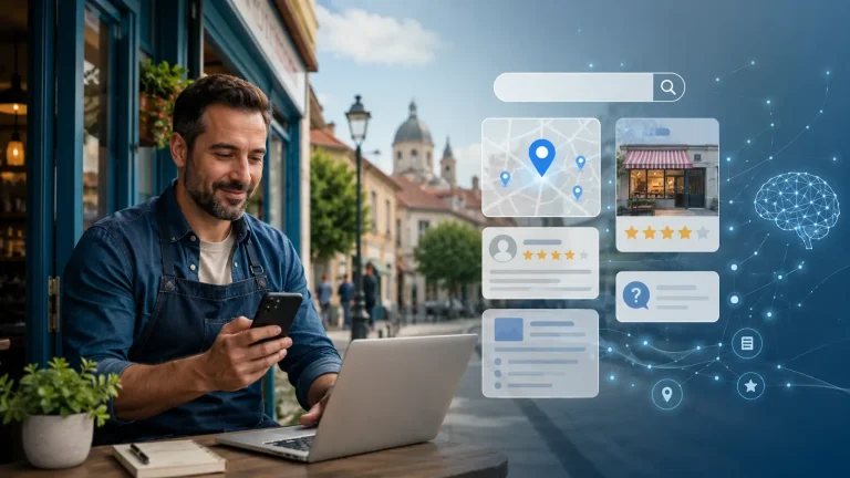 Lokalni preduzetnik koristi telefon i laptop dok se oko njega prikazuju digitalni signali pretrage, mapa, recenzija i AI vidljivosti za lokalni biznis.